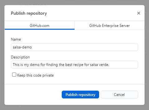 The publishing window filled out with the description of the salsa repository.